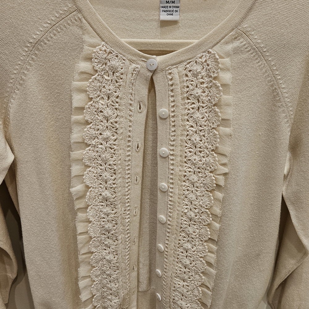 VERY RARE Cynthia SteffebWomen's Cream Button-Front Crochet Trim Sweater